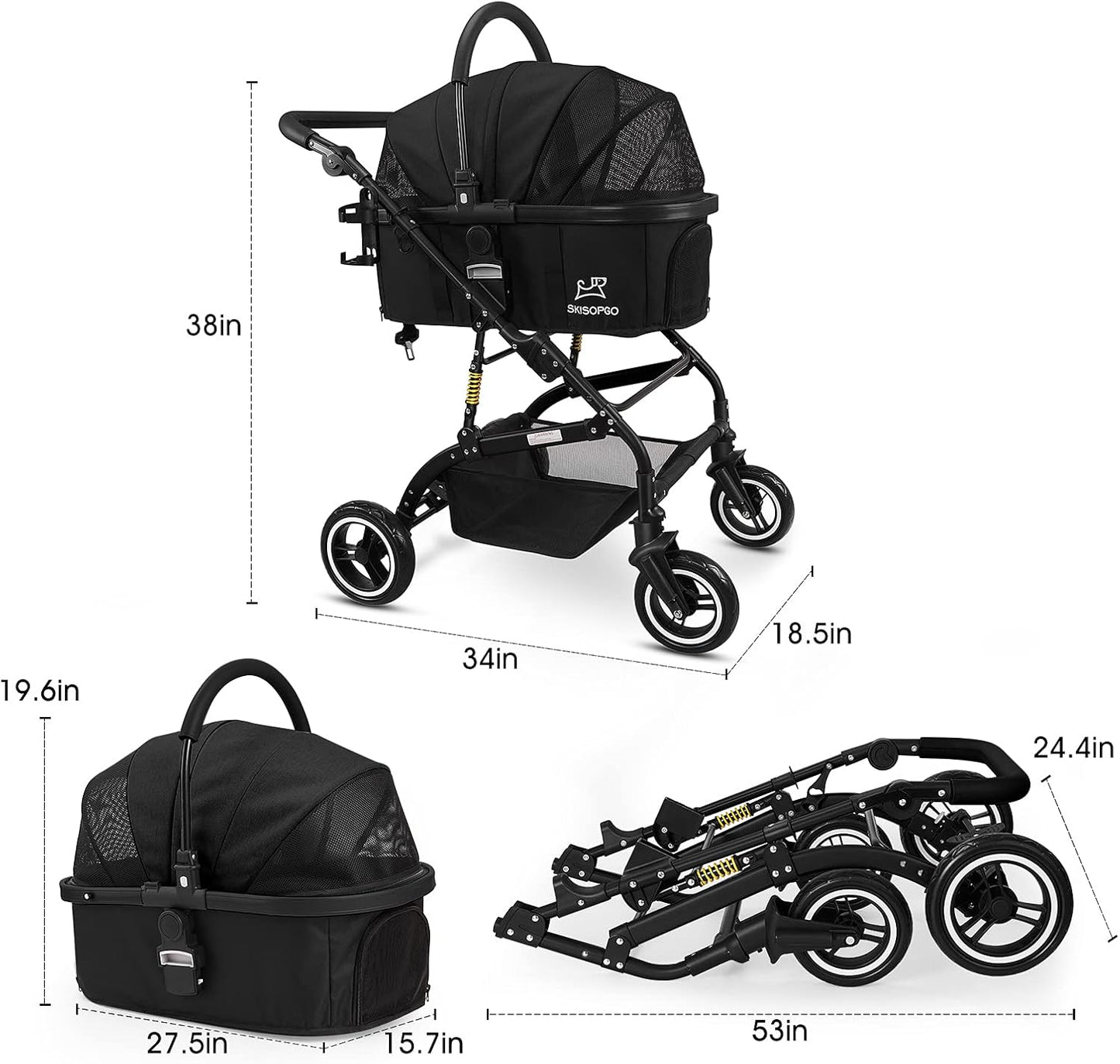 3-In-1 Pet Strollers for Small Medium Dogs Cat with Detachable Carrier Foldable Travel Pet Gear Stroller (Black)