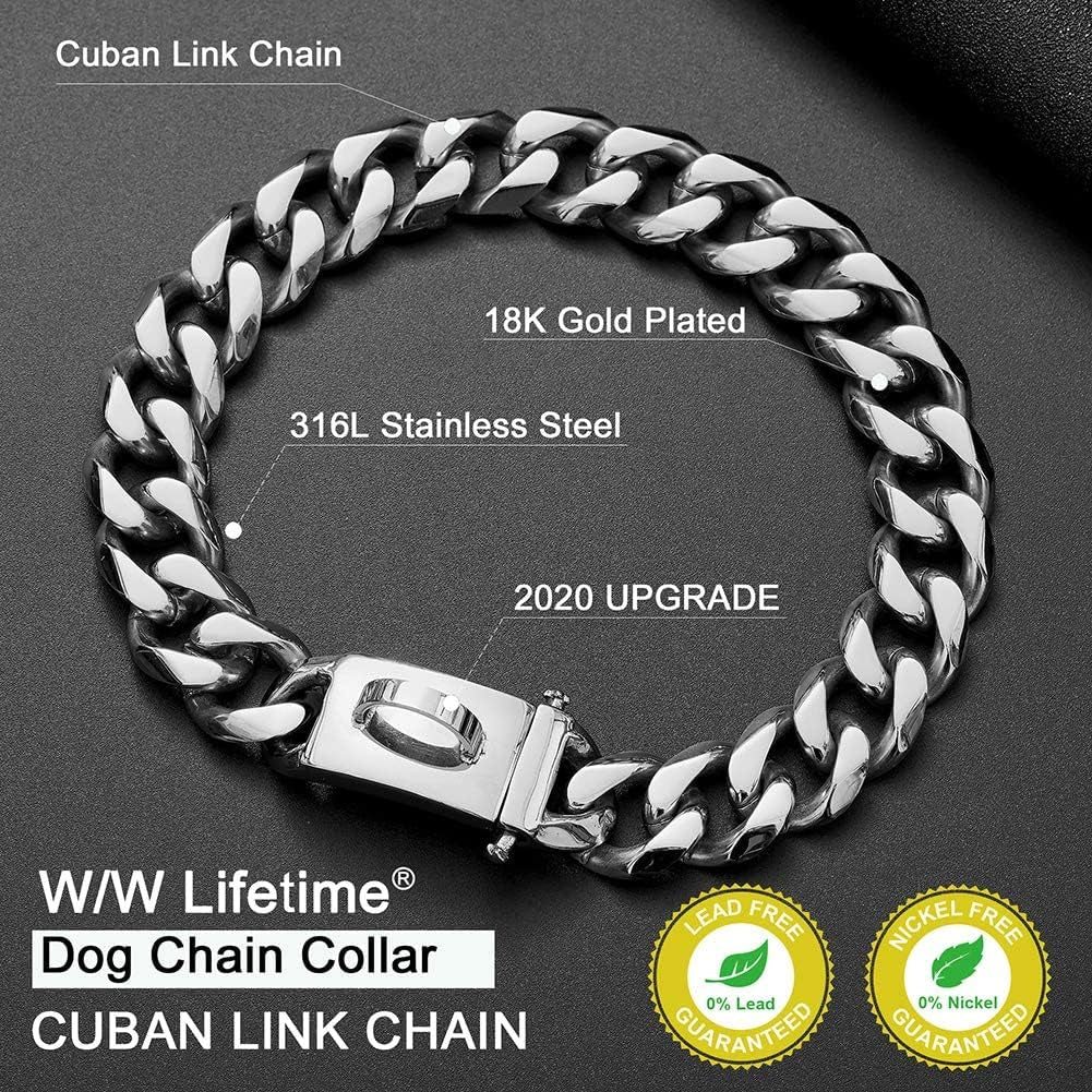 Dog Chain Collar Walking Metal Collar with Design Secure Buckle Cuban Link Strong Heavy Duty Chew Proof for Medium Dogs(19Mm, 15")