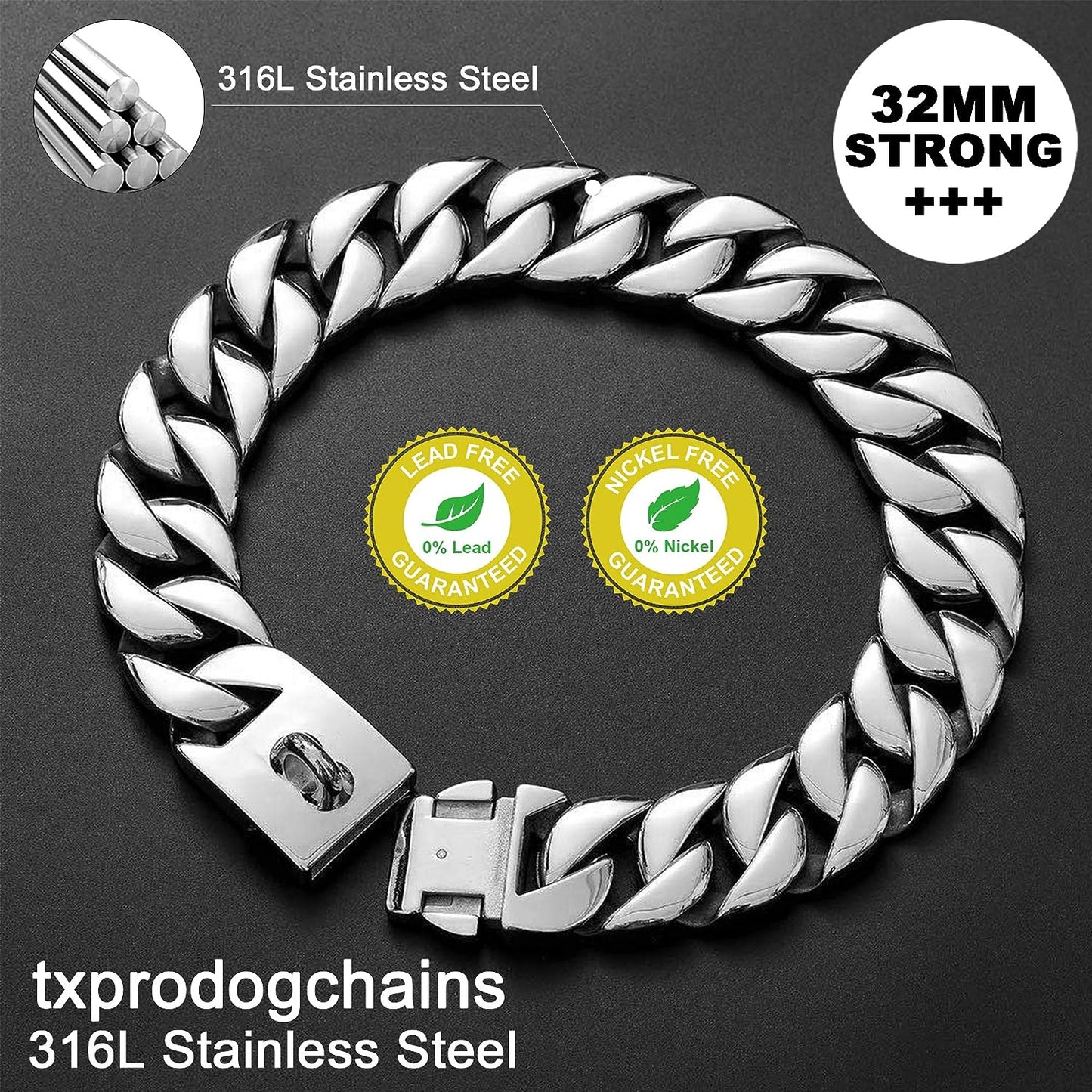 Big Dog Chain Collars, 32MM Thick Cuban Link Dog Collar Strong Metal Dog Cuban Link Collar with Buckle, Solid Stainless Steel Silver Dog Collars for Large Dogs