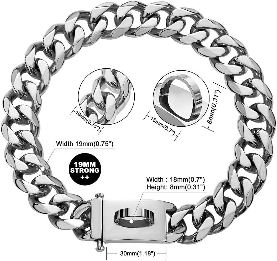 Dog Chain Collar Walking Metal Collar with Design Secure Buckle Cuban Link Strong Heavy Duty Chew Proof for Medium Dogs(19Mm, 15")