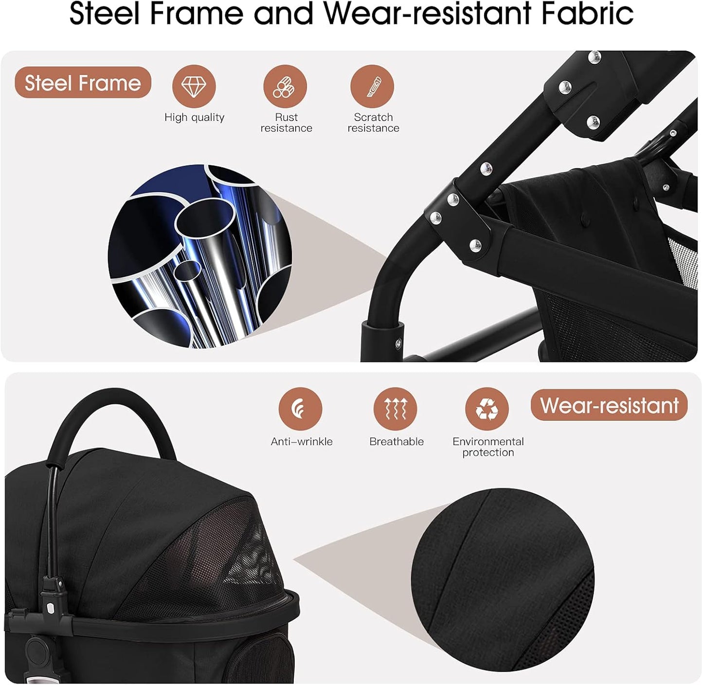 3-In-1 Pet Strollers for Small Medium Dogs Cat with Detachable Carrier Foldable Travel Pet Gear Stroller (Black)