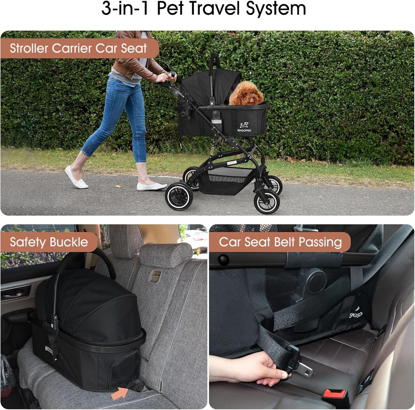 3-In-1 Pet Strollers for Small Medium Dogs Cat with Detachable Carrier Foldable Travel Pet Gear Stroller (Black)