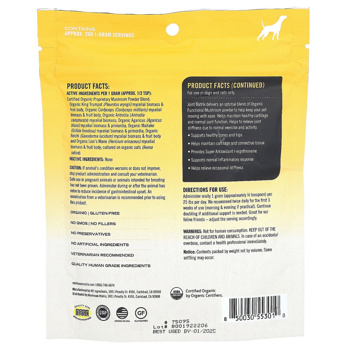Joint, Certified Organic Mushroom Powder, for 50 Lb Pet, for Dogs and Cats, 7.1