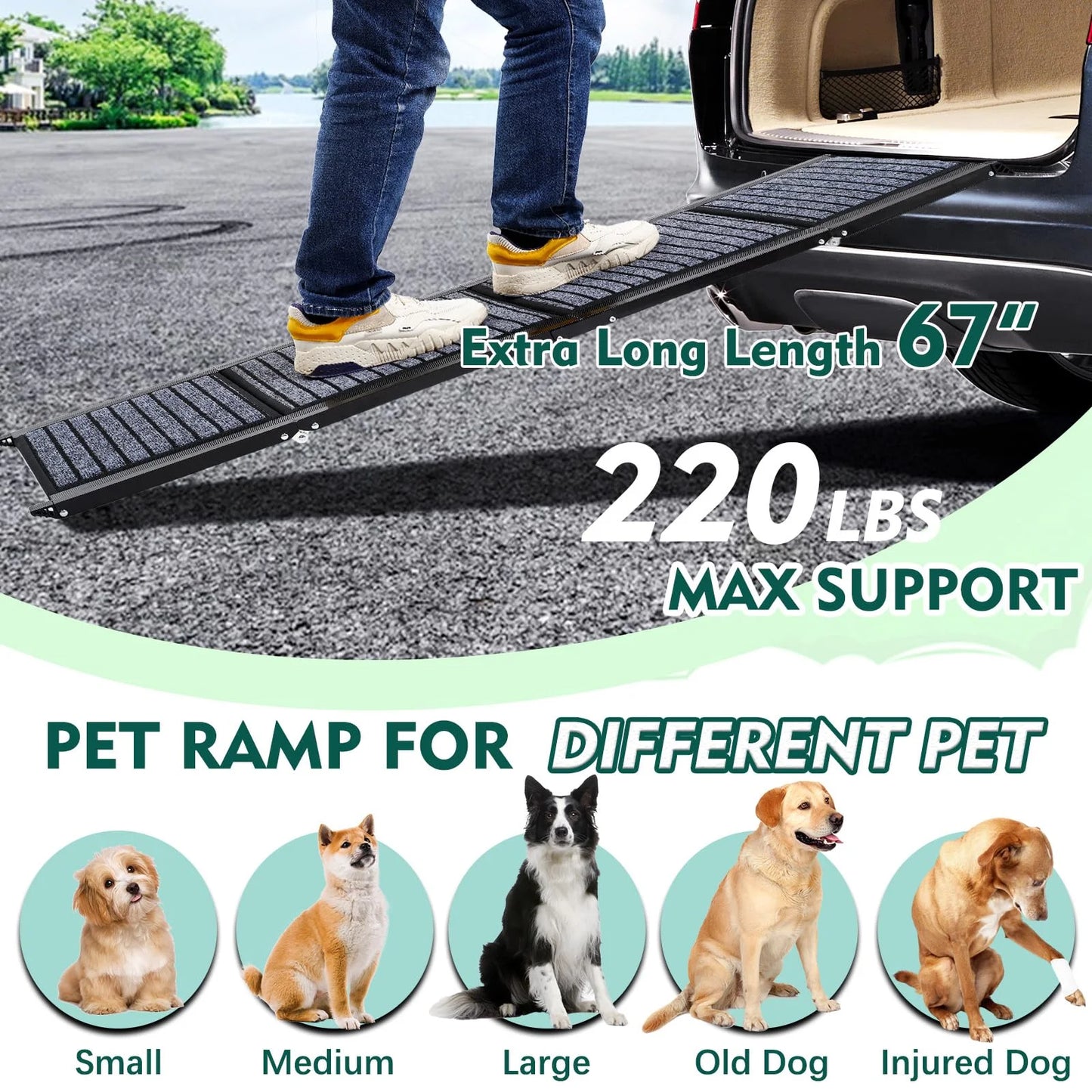 67" Foldable Dog Ramps Large Dogs, Dog Car Ramp with Non-Slip Rug Surface, Pet Ramp Stairs Portable,Dog Steps for Medium & Large Dogs up to 220 LBS Get into a Car, SUV & Truck