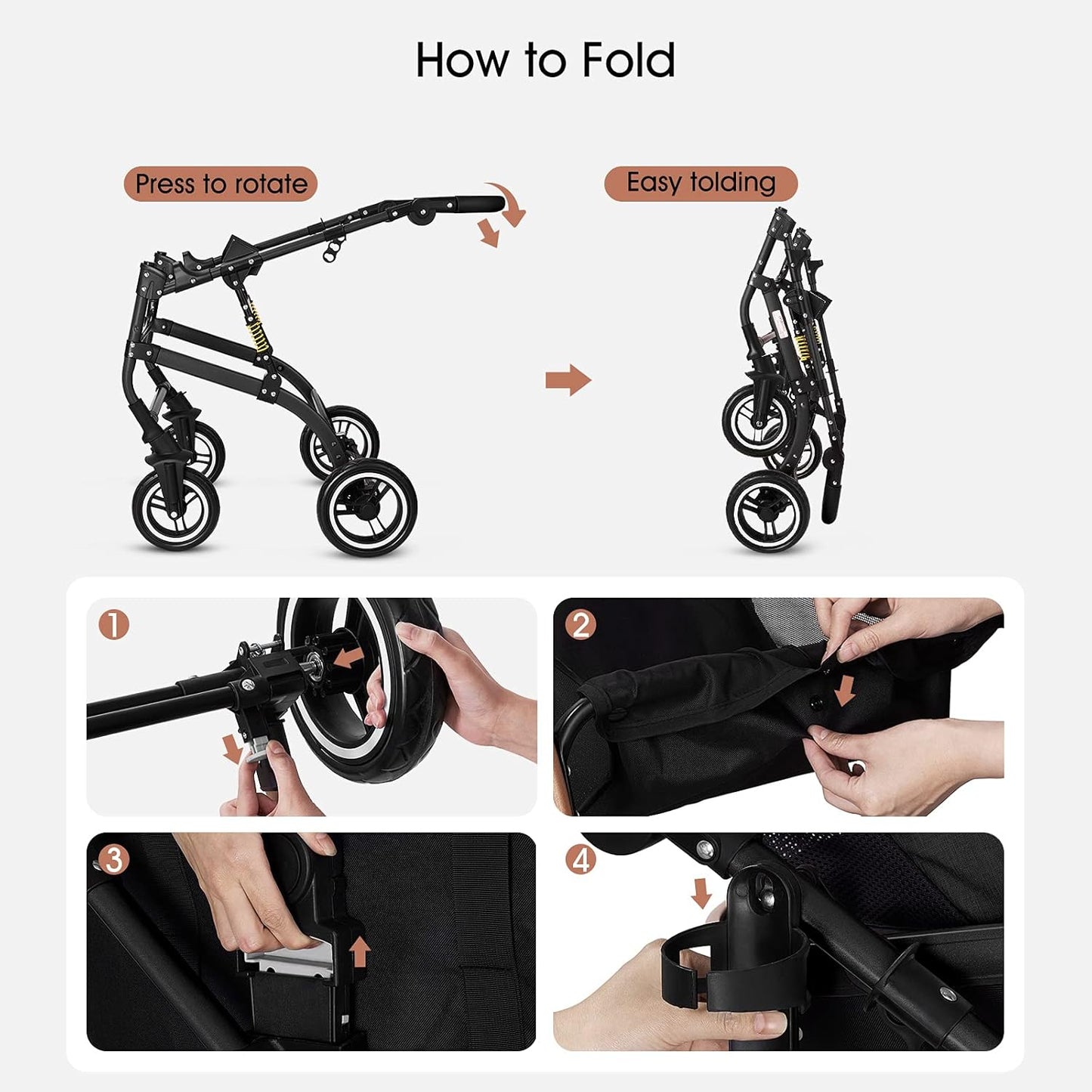 3-In-1 Pet Strollers for Small Medium Dogs Cat with Detachable Carrier Foldable Travel Pet Gear Stroller (Black)