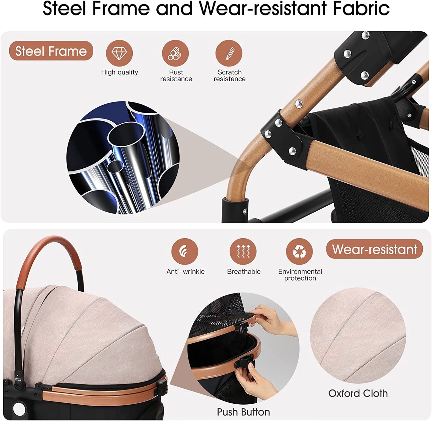 3-In-1 Pet Strollers for Small Medium Dogs Cat with Detachable Carrier Foldable Travel Pet Gear Stroller (Khaki)