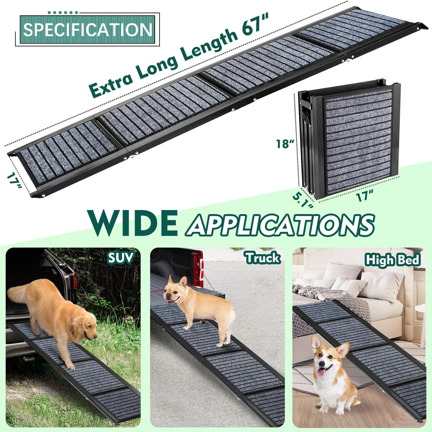 67" Foldable Dog Ramps Large Dogs, Dog Car Ramp with Non-Slip Rug Surface, Pet Ramp Stairs Portable,Dog Steps for Medium & Large Dogs up to 220 LBS Get into a Car, SUV & Truck