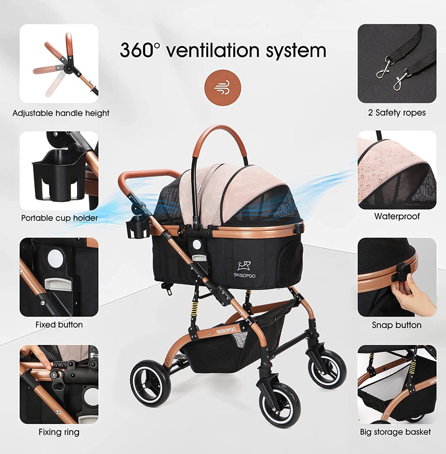 3-In-1 Pet Strollers for Small Medium Dogs Cat with Detachable Carrier Foldable Travel Pet Gear Stroller (Khaki)