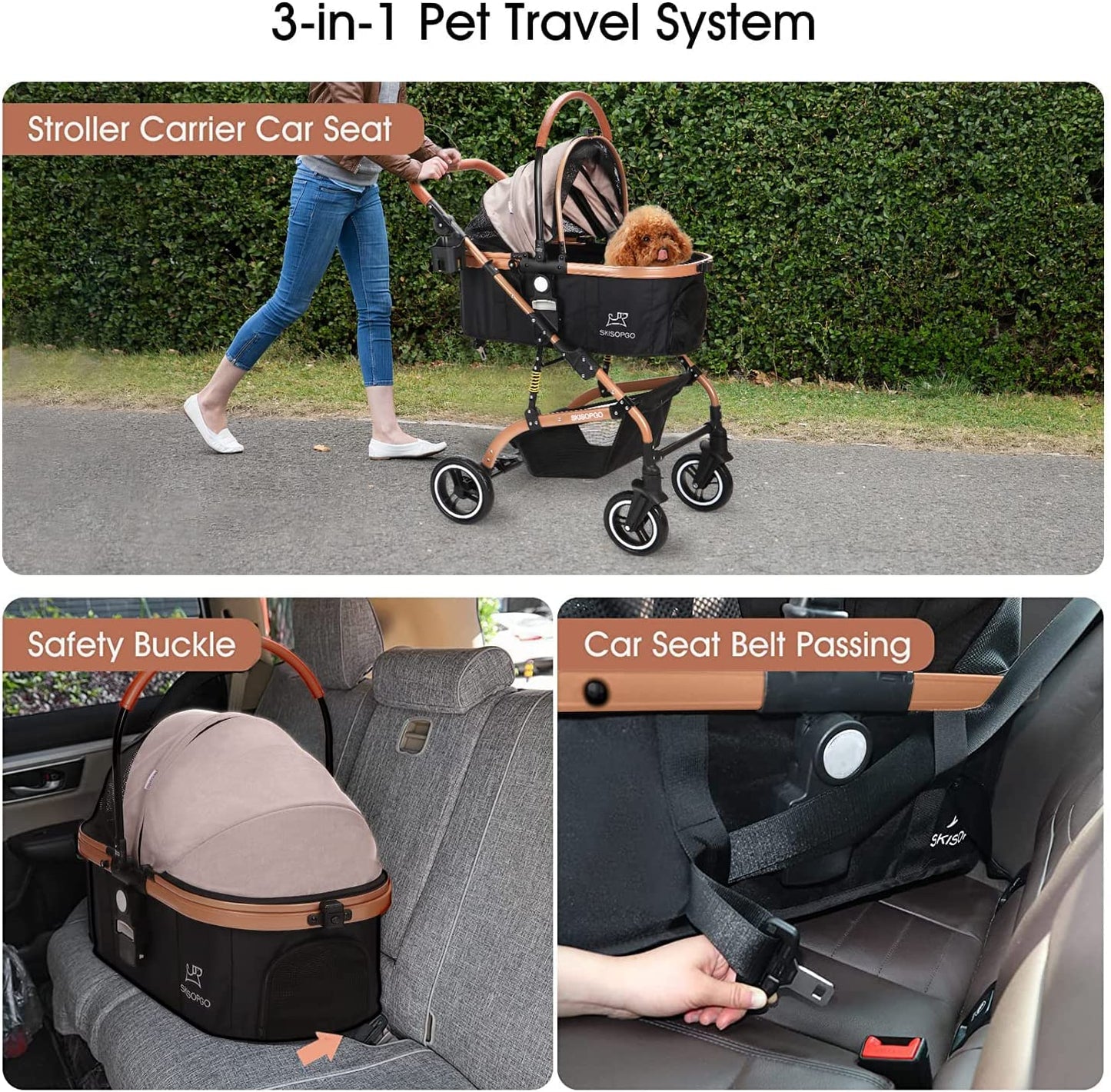 3-In-1 Pet Strollers for Small Medium Dogs Cat with Detachable Carrier Foldable Travel Pet Gear Stroller (Khaki)