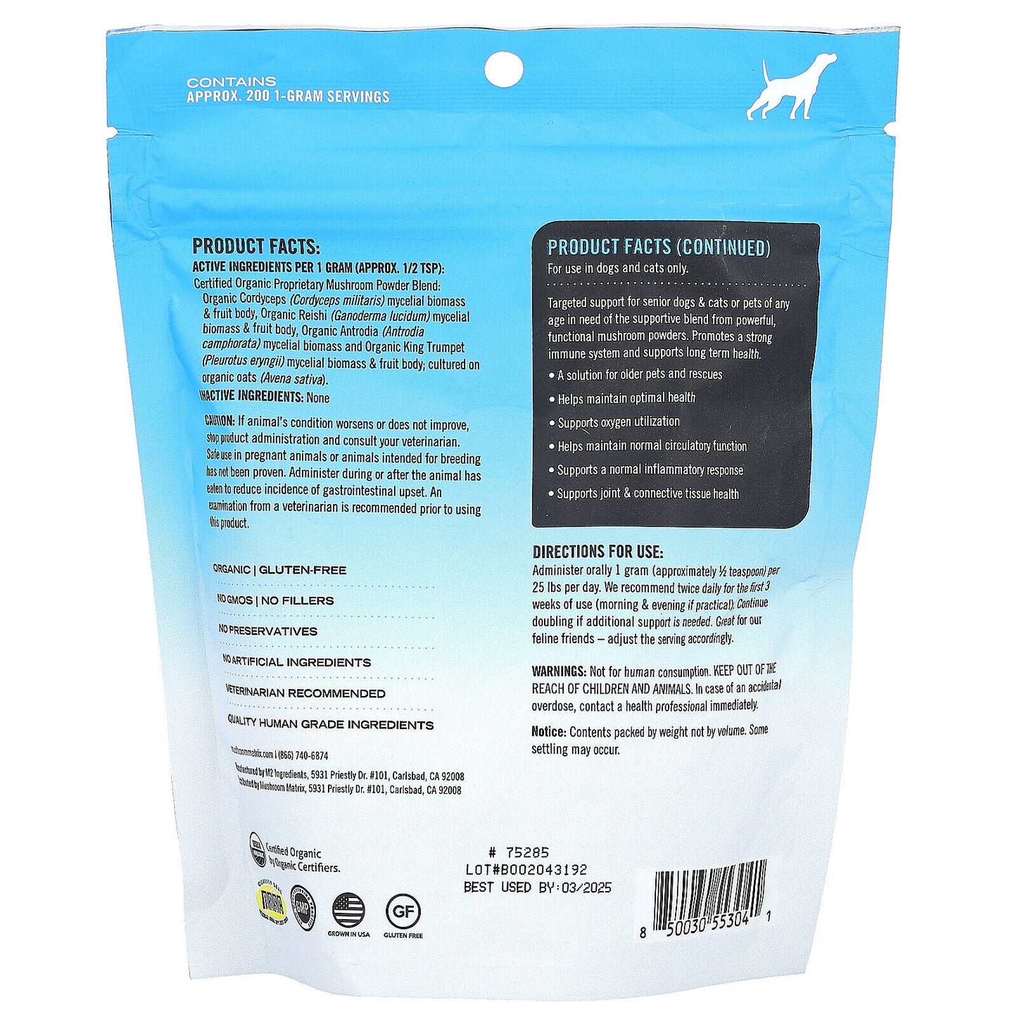 Maximum Recovery, Certified Organic Mushroom Powder, for 50 Lb Pet, for Dogs And