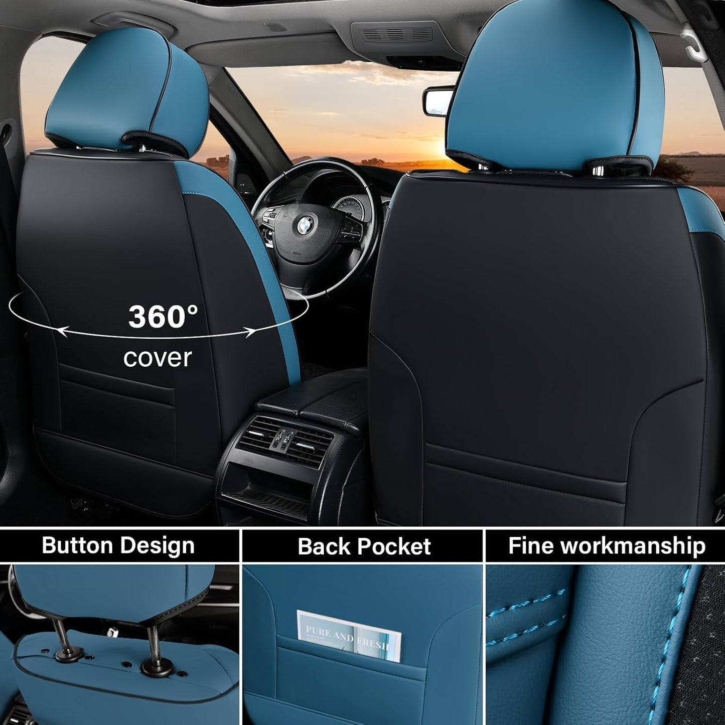 Seat Covers Full Set, 5 Seats Breathable Faux Leather Seat Covers for Cars, Car Seat Cover Winter, Car Seat Protector Car Seat Cushion, Automotive Seat Cover Universal Fit Most Vehicles, Blue