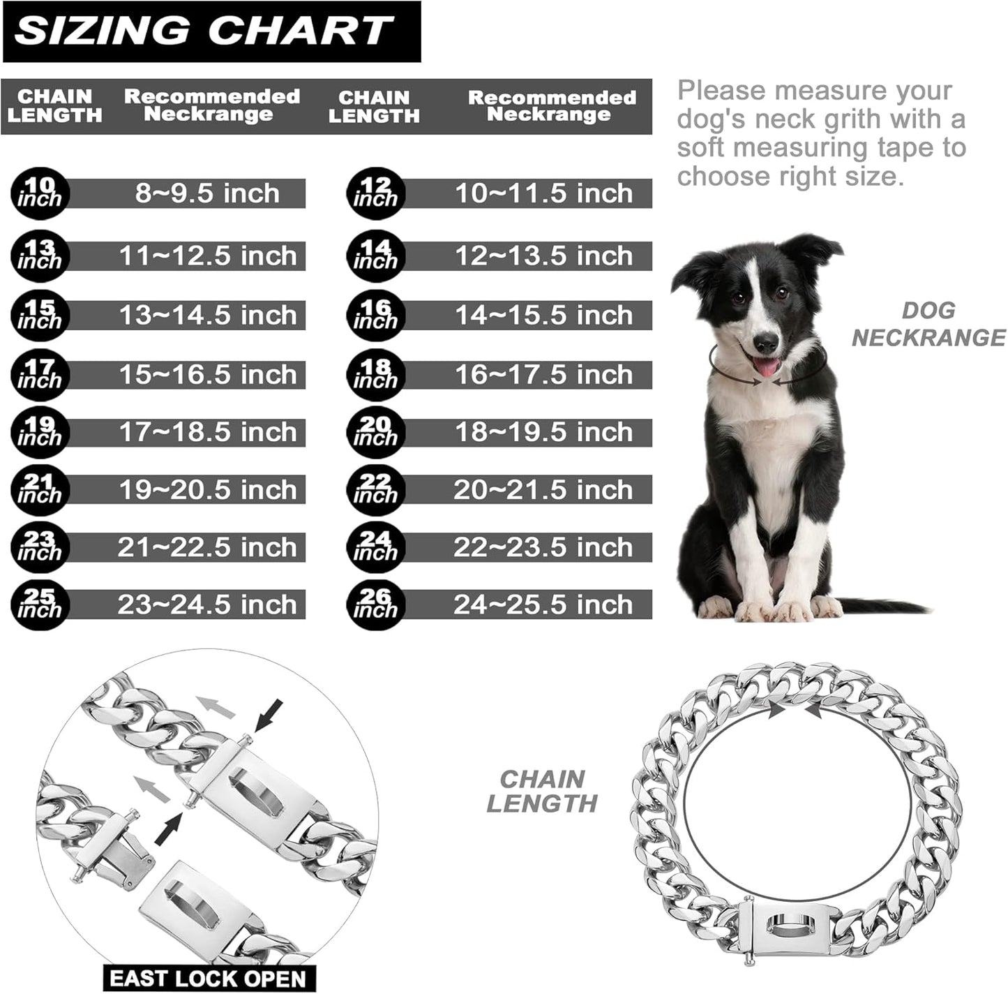 Dog Chain Collar Walking Metal Collar with Design Secure Buckle Cuban Link Strong Heavy Duty Chew Proof for Medium Dogs(19Mm, 15")