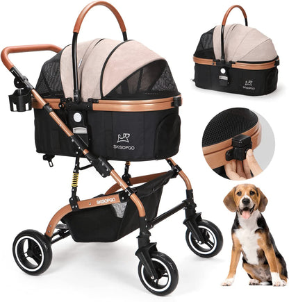 3-In-1 Pet Strollers for Small Medium Dogs Cat with Detachable Carrier Foldable Travel Pet Gear Stroller (Khaki)