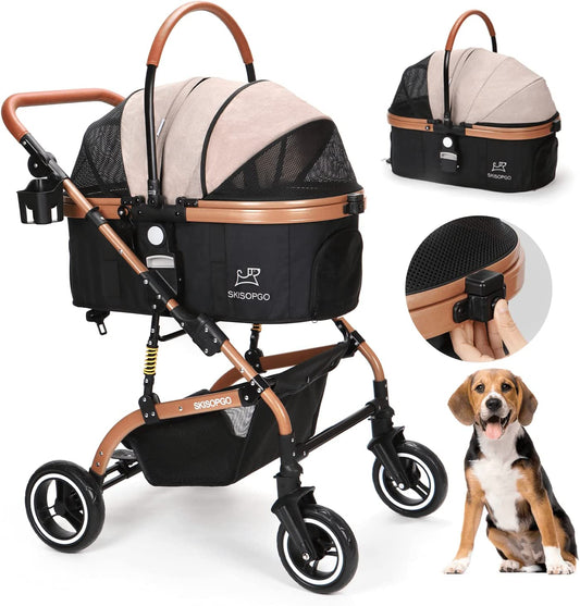 3-In-1 Pet Strollers for Small Medium Dogs Cat with Detachable Carrier Foldable Travel Pet Gear Stroller (Khaki)
