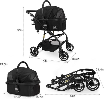 3-In-1 Pet Strollers for Small Medium Dogs Cat with Detachable Carrier Foldable Travel Pet Gear Stroller (Black)