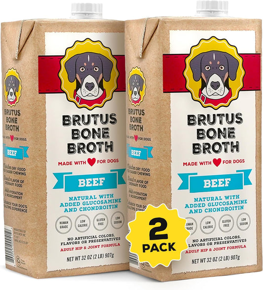 Brutus Beef Bone Broth for Dogs and Cats - All Natural Bone Broth with Chondroitin Glucosamine & Turmeric, Human Grade Dog Sauce Food Toppers for Picky Eaters & Dry Food -Tasty & Nutritious- Pack of 2