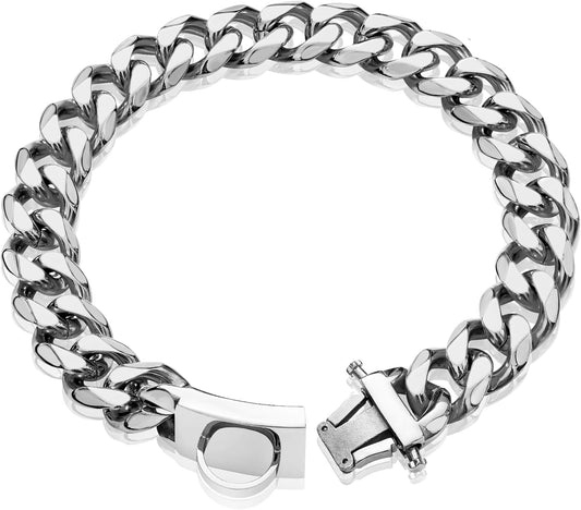 Dog Chain Collar Walking Metal Collar with Design Secure Buckle Cuban Link Strong Heavy Duty Chew Proof for Medium Dogs(19Mm, 15")