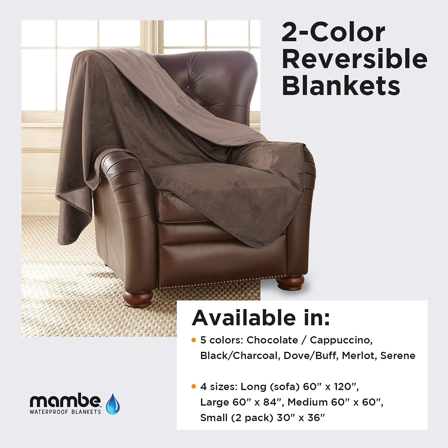 Silky Waterproof Throw for Protecting Furniture Bed Couch from Stains Caused by Dogs, Cats, Incontinence. Soft, Washable, Reversible (Size Small 2Pack 30X35 Inches, Color Chocolate/Cappuccino)