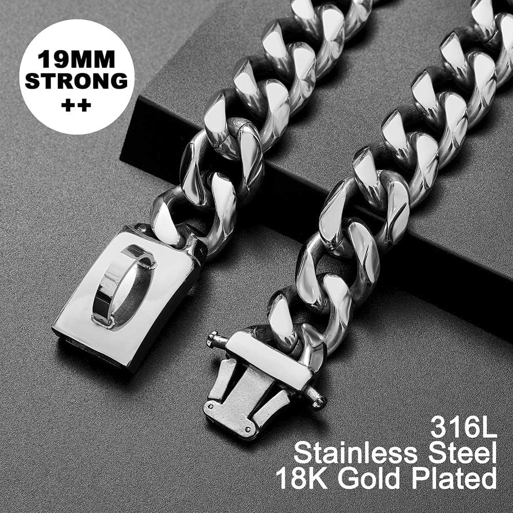 Dog Chain Collar Walking Metal Collar with Design Secure Buckle Cuban Link Strong Heavy Duty Chew Proof for Medium Dogs(19Mm, 15")