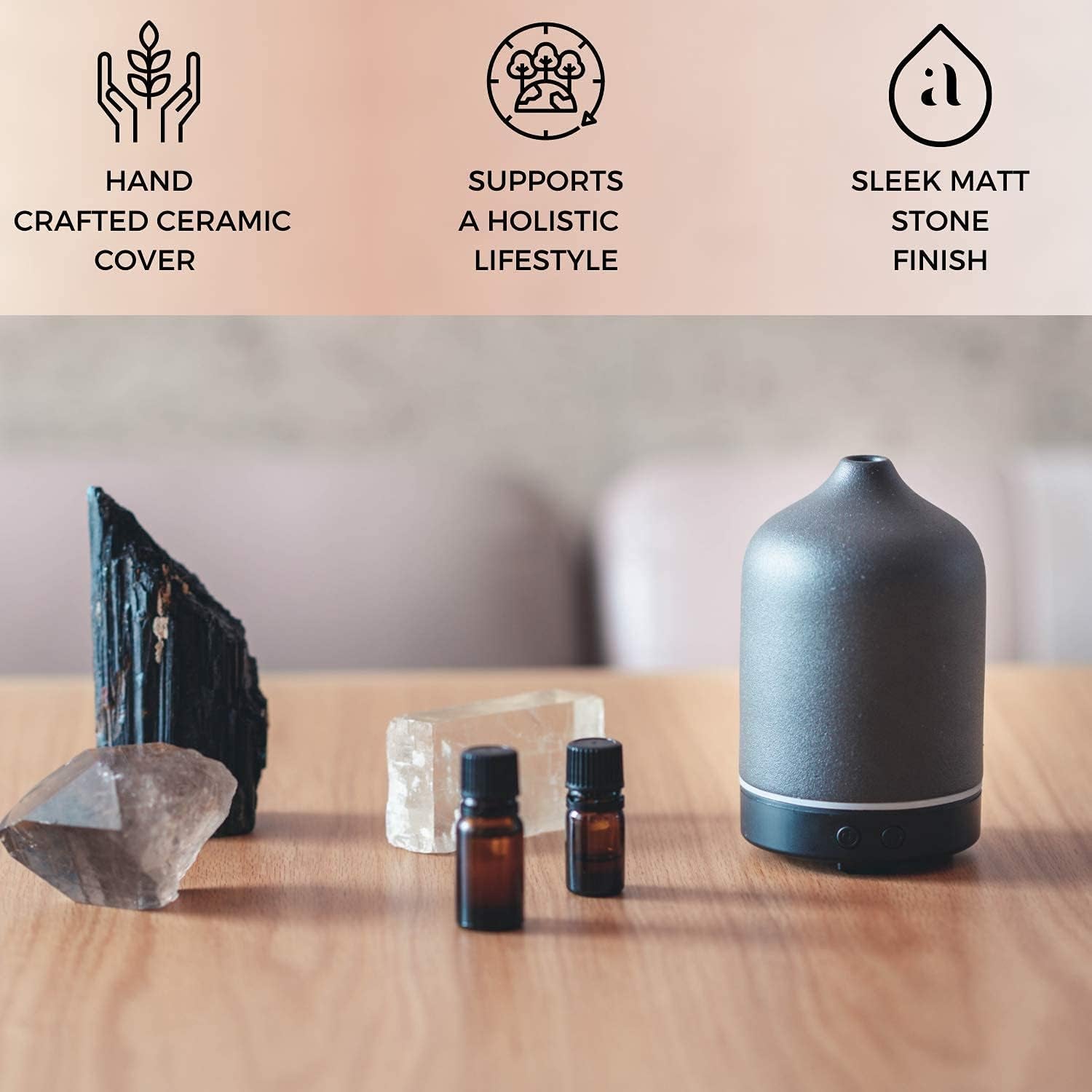 Ceramic Diffusers for Essential Oils - Elegant Stone Aromatherapy Diffuser for Home and Office - 3 in One Diffuse, Humidify and Ionize - Easy to Use - Carbon