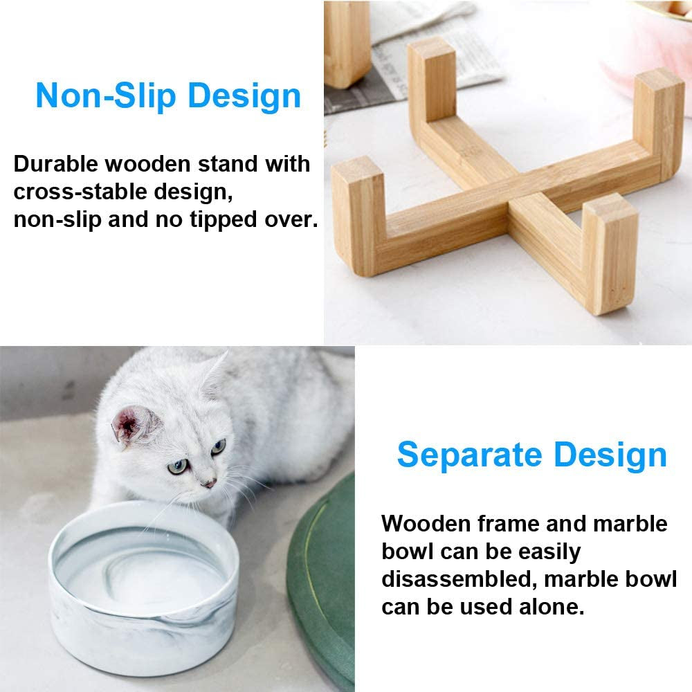 Ceramic Cat Dog Bowls Raised Food and Water Dish with Anti-Slip Wooden Stand Elevated round Pet Feeding Bowl Dishwasher Safe & Easy to Clean (Marble Pattern)