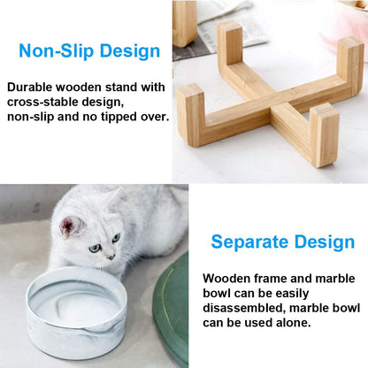 Ceramic Cat Dog Bowls Raised Food and Water Dish with Anti-Slip Wooden Stand Elevated round Pet Feeding Bowl Dishwasher Safe & Easy to Clean (Marble Pattern)