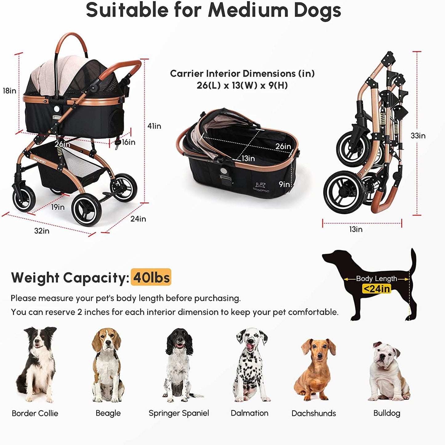 3-In-1 Pet Strollers for Small Medium Dogs Cat with Detachable Carrier Foldable Travel Pet Gear Stroller (Khaki)