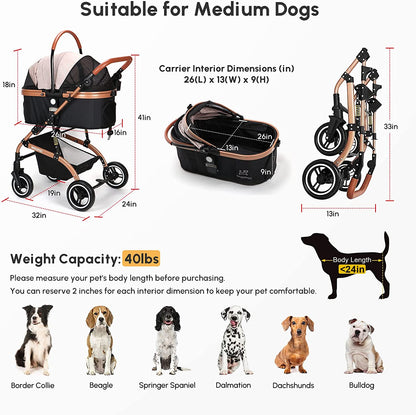 3-In-1 Pet Strollers for Small Medium Dogs Cat with Detachable Carrier Foldable Travel Pet Gear Stroller (Khaki)