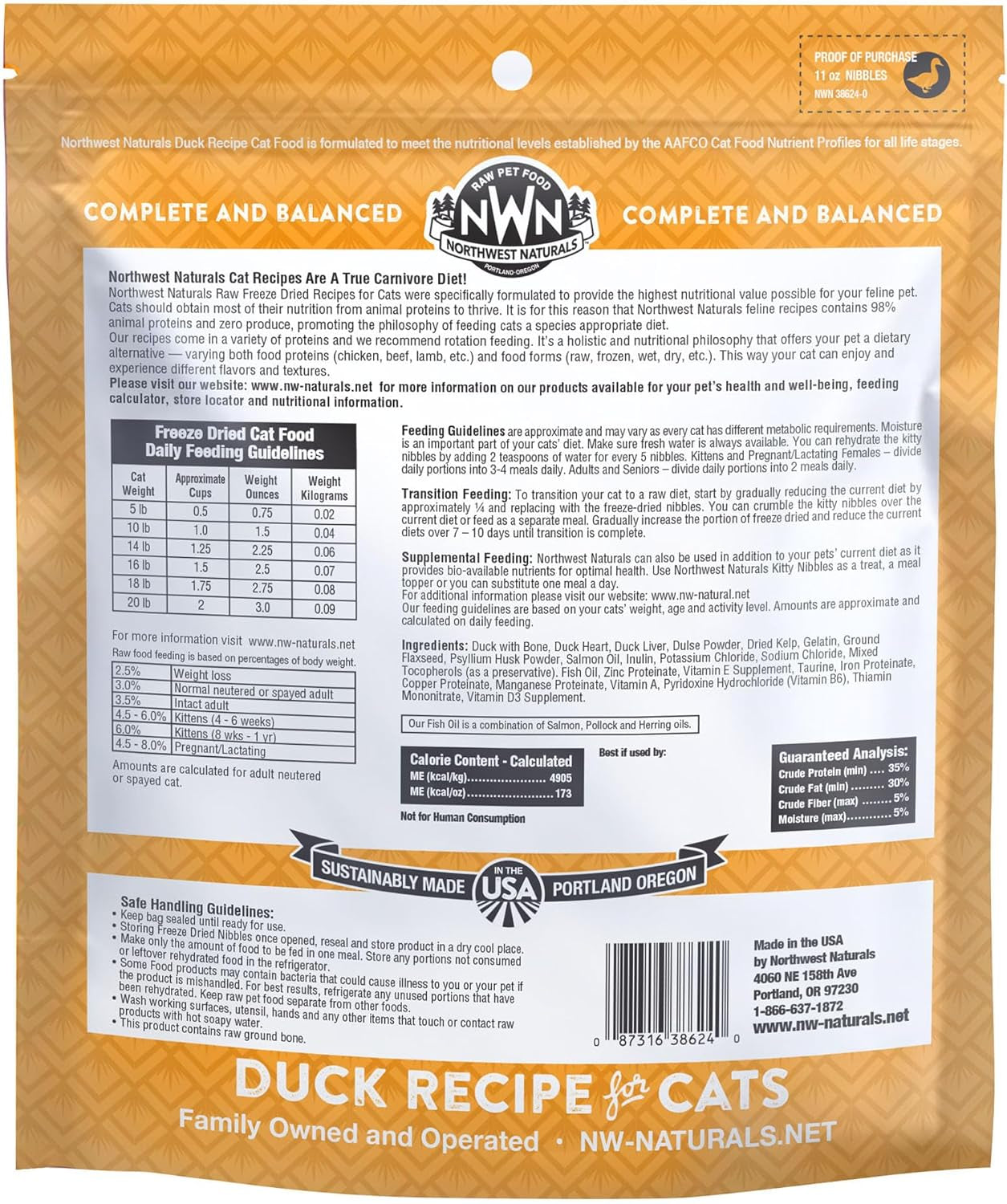 Freeze - Dried Duck - Grain Free Cat Food - Bite-Sized Nibbles - Healthy - Limited Ingredients, Human Grade - Complete & Balanced - All Natural - USA Made - 11 Oz