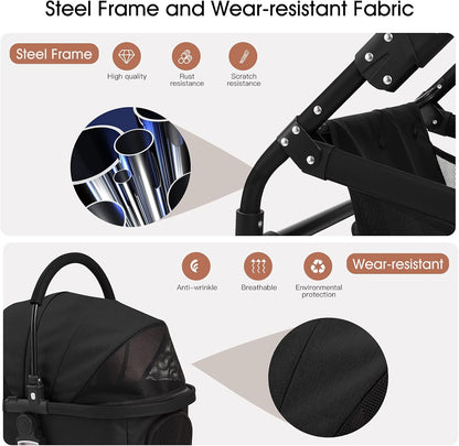 3-In-1 Pet Strollers for Small Medium Dogs Cat with Detachable Carrier Foldable Travel Pet Gear Stroller (Black)