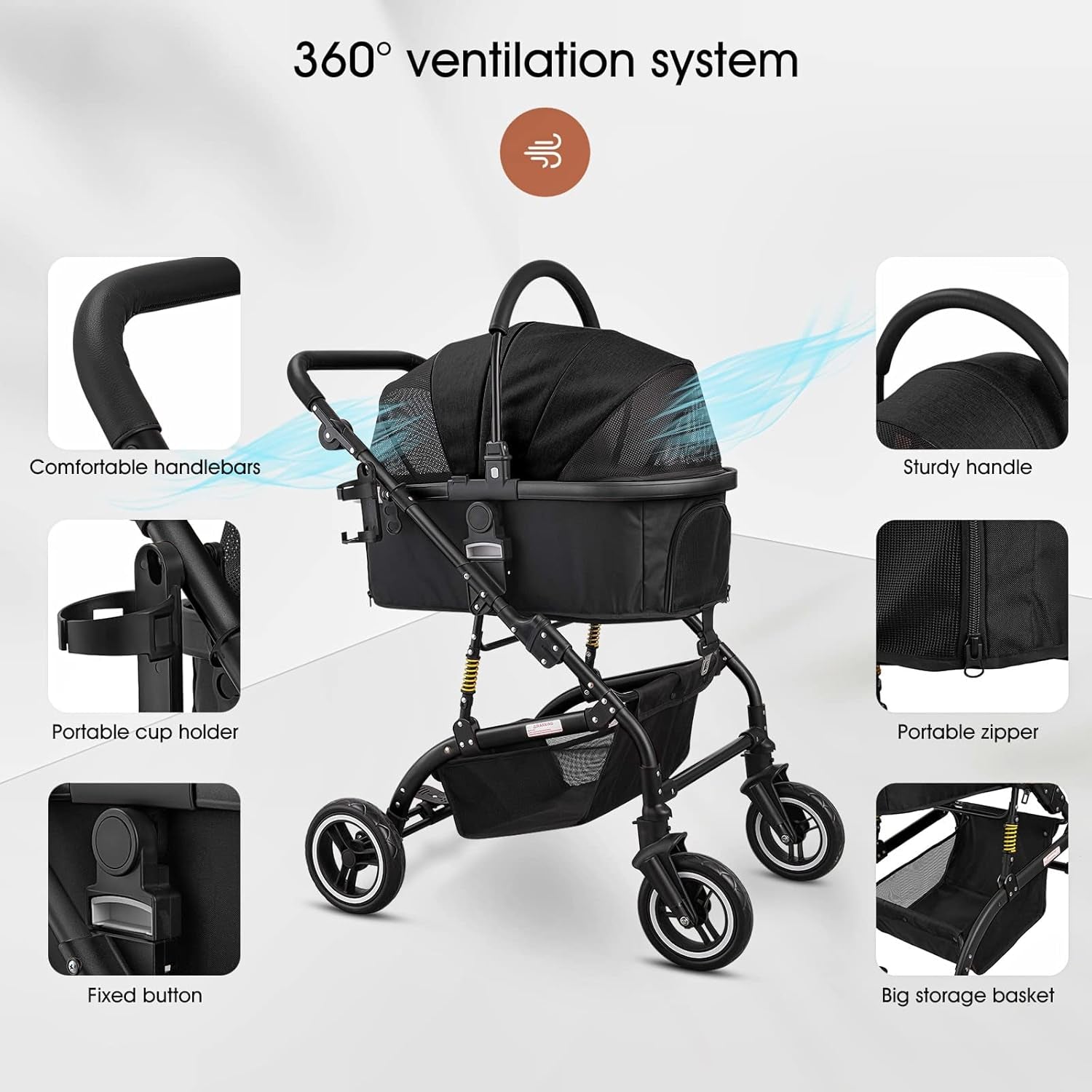 3-In-1 Pet Strollers for Small Medium Dogs Cat with Detachable Carrier Foldable Travel Pet Gear Stroller (Black)