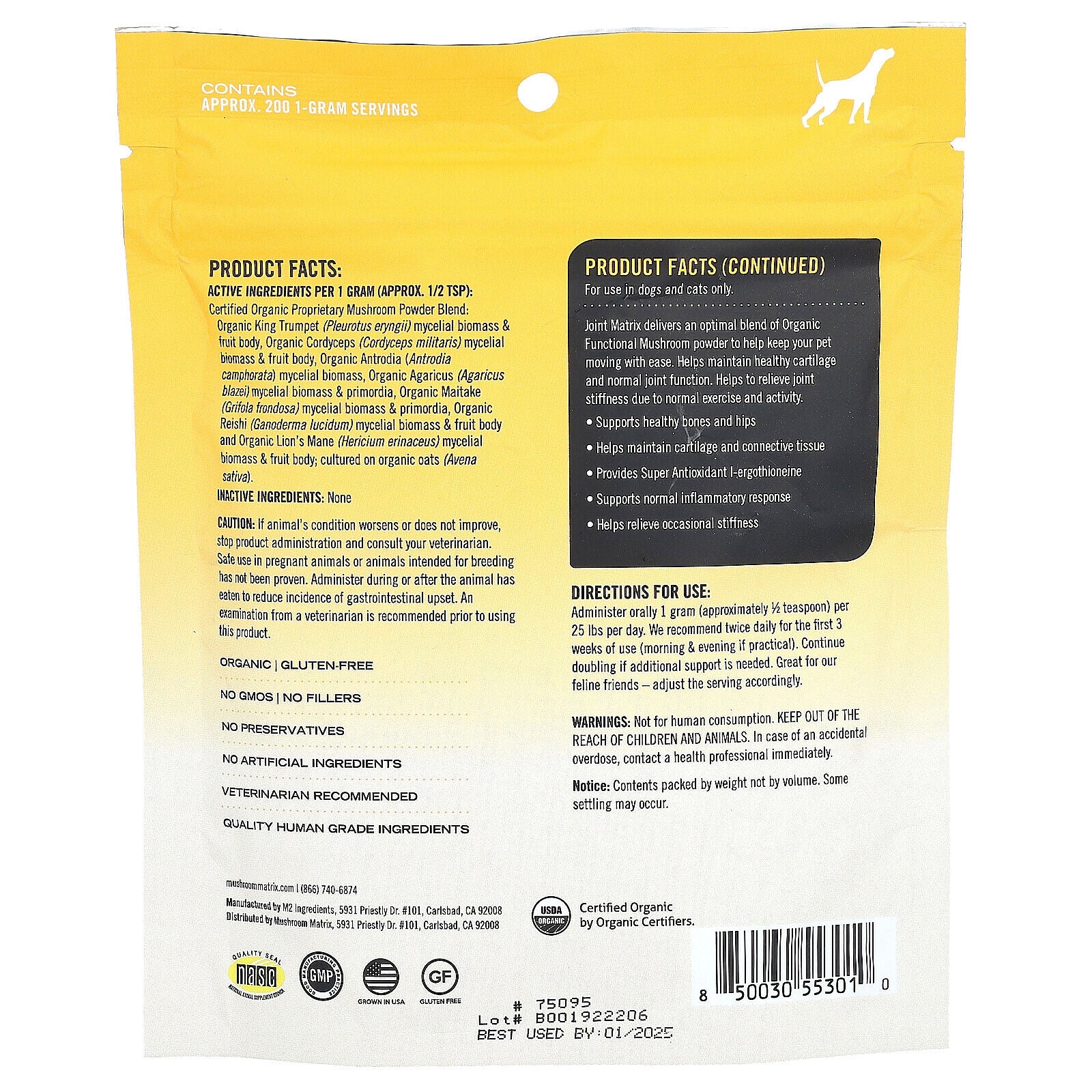 Joint, Certified Organic Mushroom Powder, for 50 Lb Pet, for Dogs and Cats, 7.1