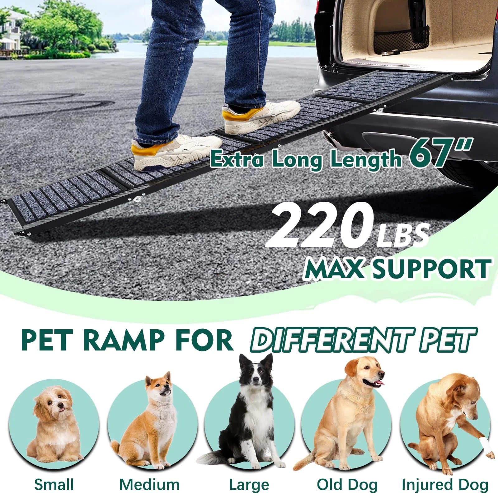 67" Foldable Dog Ramps Large Dogs, Dog Car Ramp with Non-Slip Rug Surface, Pet Ramp Stairs Portable,Dog Steps for Medium & Large Dogs up to 220 LBS Get into a Car, SUV & Truck