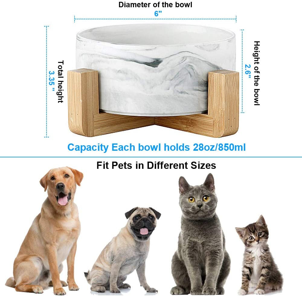 Ceramic Cat Dog Bowls Raised Food and Water Dish with Anti-Slip Wooden Stand Elevated round Pet Feeding Bowl Dishwasher Safe & Easy to Clean (Marble Pattern)