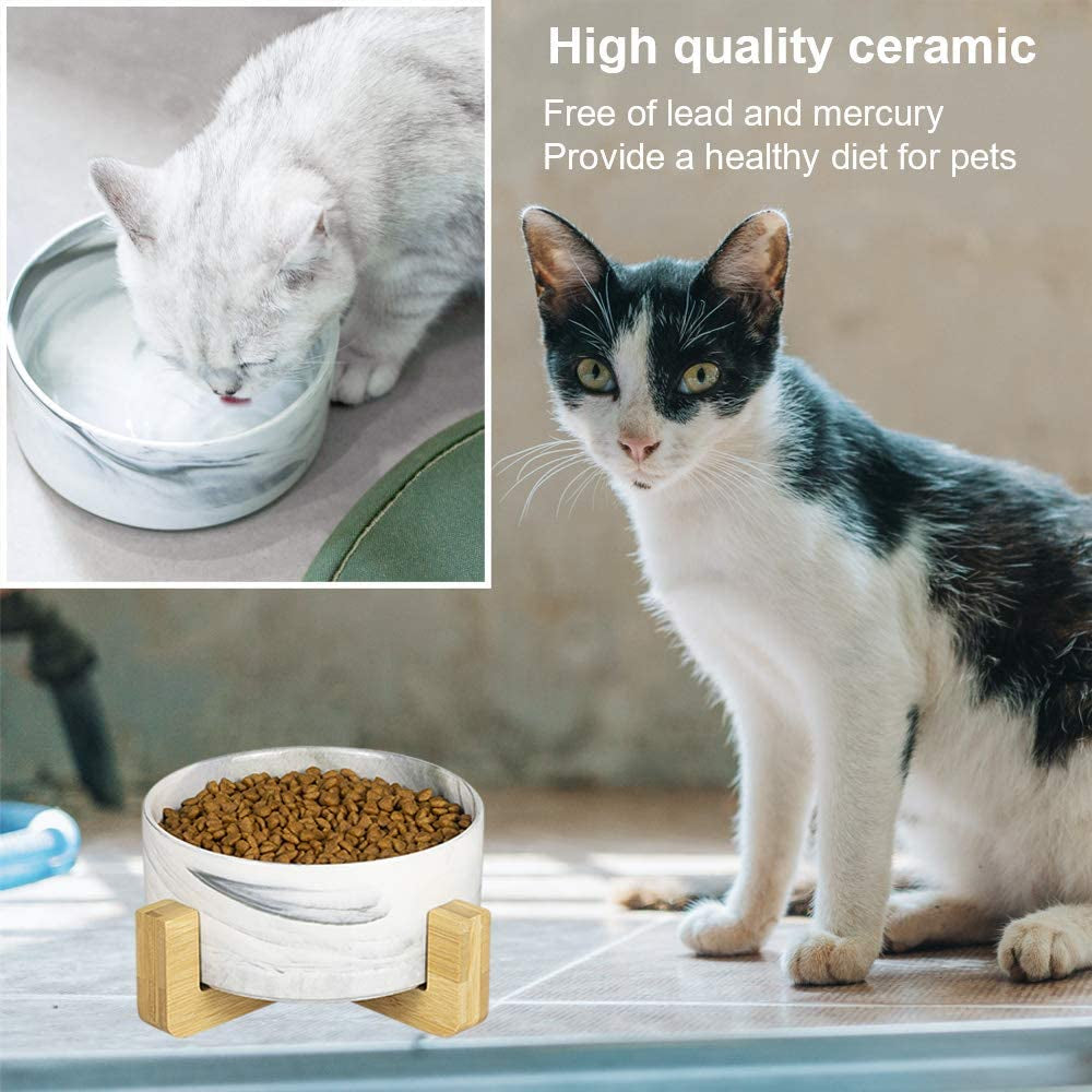 Ceramic Cat Dog Bowls Raised Food and Water Dish with Anti-Slip Wooden Stand Elevated round Pet Feeding Bowl Dishwasher Safe & Easy to Clean (Marble Pattern)