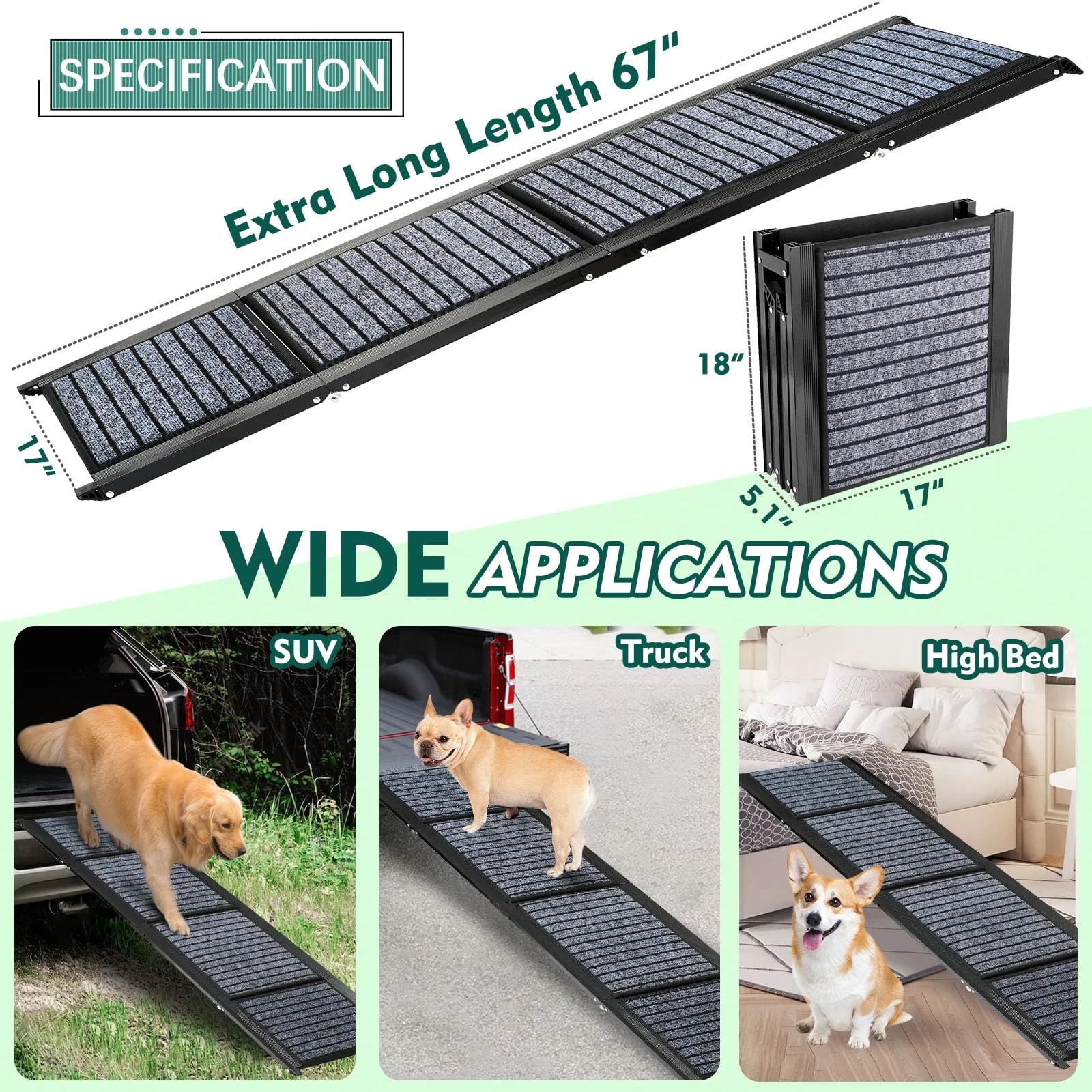 67" Foldable Dog Ramps Large Dogs, Dog Car Ramp with Non-Slip Rug Surface, Pet Ramp Stairs Portable,Dog Steps for Medium & Large Dogs up to 220 LBS Get into a Car, SUV & Truck
