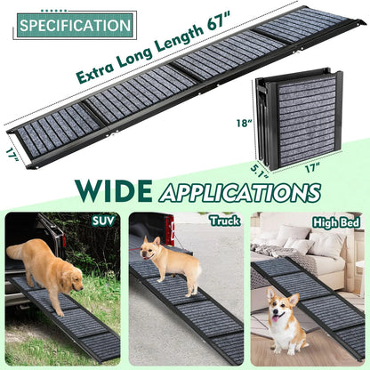 67" Foldable Dog Ramps Large Dogs, Dog Car Ramp with Non-Slip Rug Surface, Pet Ramp Stairs Portable,Dog Steps for Medium & Large Dogs up to 220 LBS Get into a Car, SUV & Truck