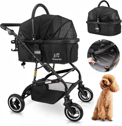 3-In-1 Pet Strollers for Small Medium Dogs Cat with Detachable Carrier Foldable Travel Pet Gear Stroller (Black)