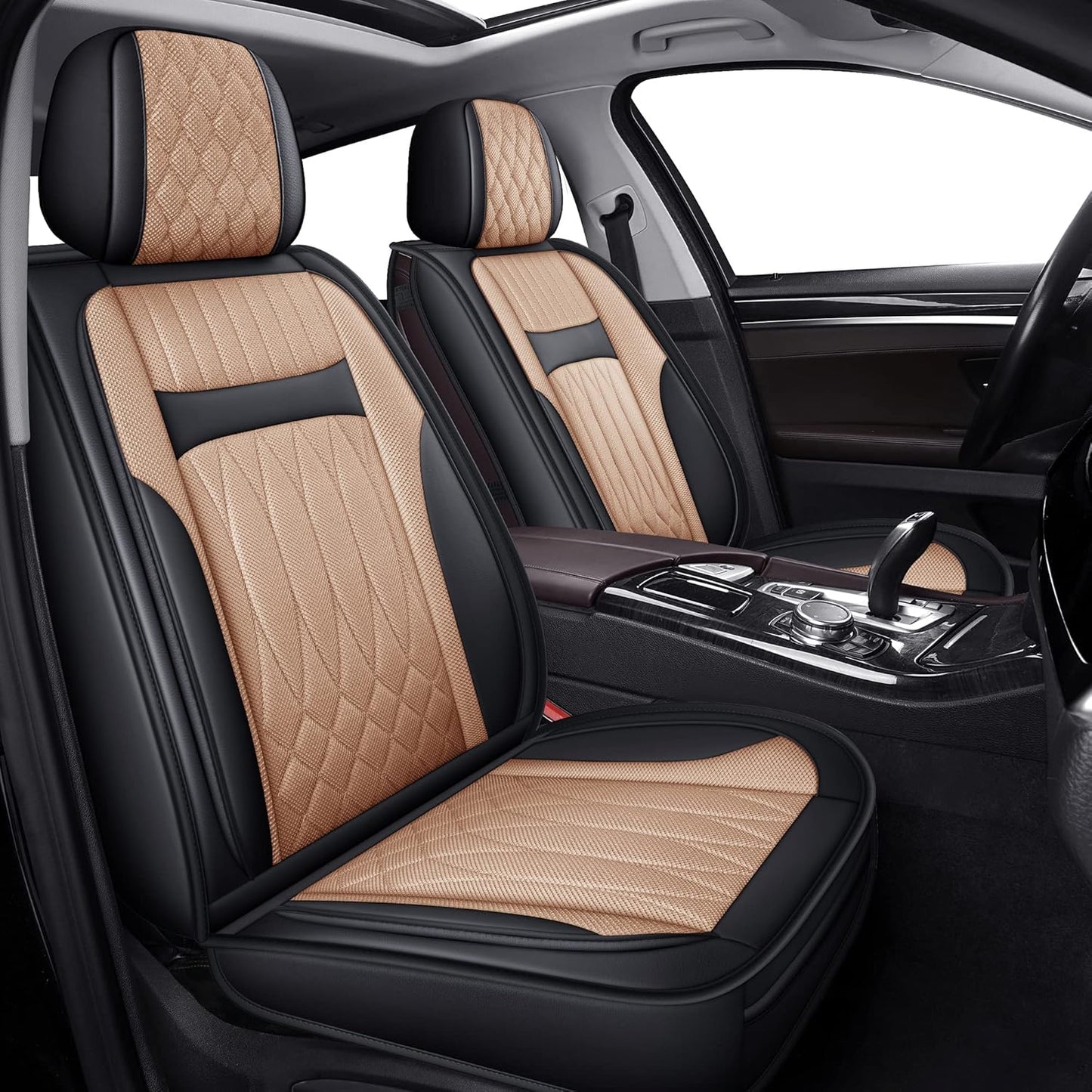 Leather Automotive Seats Cushion Set for Protectors, Front and Rear Split Bench Car Seat Covers, Easy to Install, Waterproof, Fit Universal Vehicle Cars&Suv(Full Set, Beige)