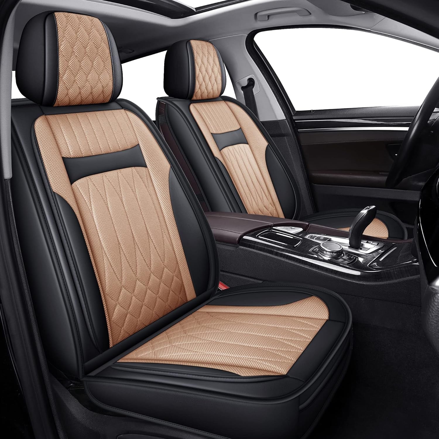 Leather Automotive Seats Cushion Set for Protectors, Front and Rear Split Bench Car Seat Covers, Easy to Install, Waterproof, Fit Universal Vehicle Cars&Suv(Full Set, Beige)