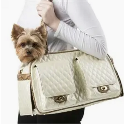 Marlee Quilted Luxe Pet Carrier – Ivory with Faux Snake Trim