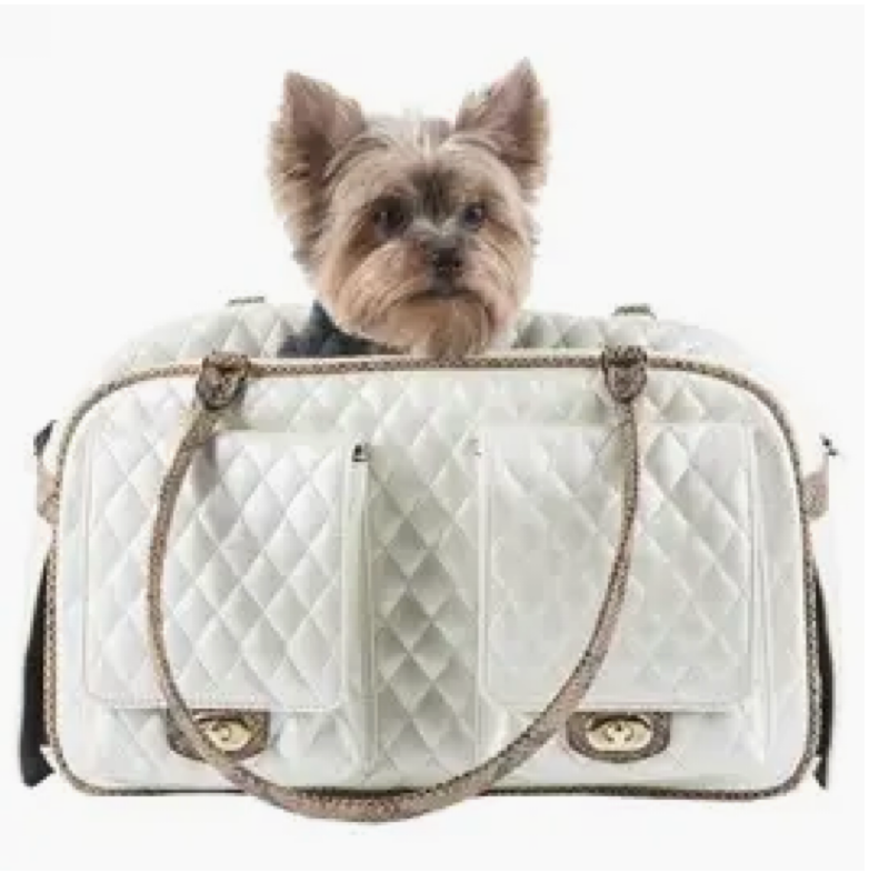 Marlee Quilted Luxe Pet Carrier – Ivory with Faux Snake Trim