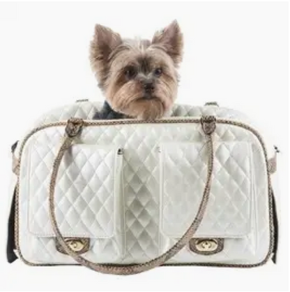 Marlee Quilted Luxe Pet Carrier – Ivory with Faux Snake Trim
