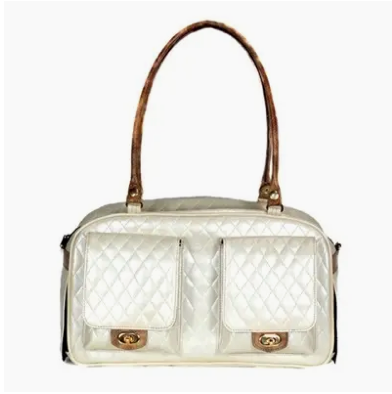 Marlee Quilted Luxe Pet Carrier – Ivory with Faux Snake Trim