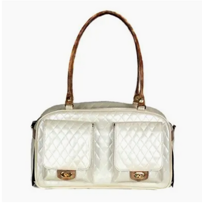 Marlee Quilted Luxe Pet Carrier – Ivory with Faux Snake Trim