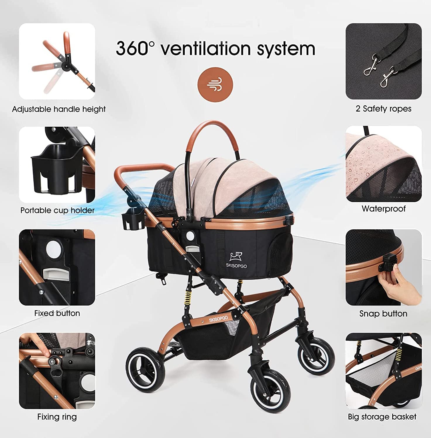 3-In-1 Pet Strollers for Small Medium Dogs Cat with Detachable Carrier Foldable Travel Pet Gear Stroller (Khaki)