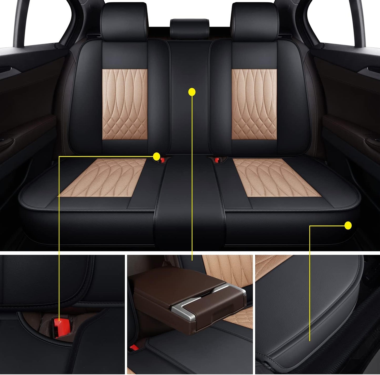 Leather Automotive Seats Cushion Set for Protectors, Front and Rear Split Bench Car Seat Covers, Easy to Install, Waterproof, Fit Universal Vehicle Cars&Suv(Full Set, Beige)