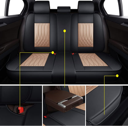 Leather Automotive Seats Cushion Set for Protectors, Front and Rear Split Bench Car Seat Covers, Easy to Install, Waterproof, Fit Universal Vehicle Cars&Suv(Full Set, Beige)