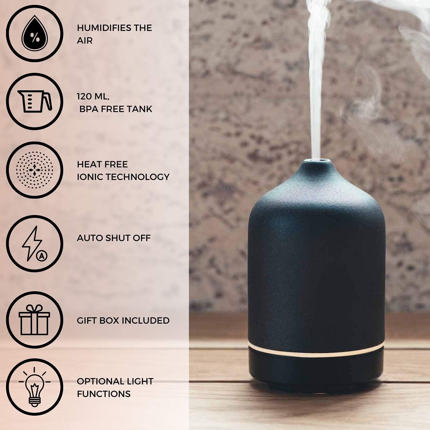 Ceramic Diffusers for Essential Oils - Elegant Stone Aromatherapy Diffuser for Home and Office - 3 in One Diffuse, Humidify and Ionize - Easy to Use - Carbon