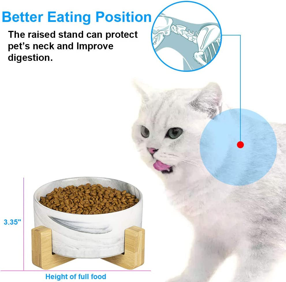 Ceramic Cat Dog Bowls Raised Food and Water Dish with Anti-Slip Wooden Stand Elevated round Pet Feeding Bowl Dishwasher Safe & Easy to Clean (Marble Pattern)